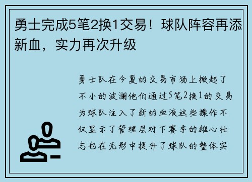 勇士完成5笔2换1交易！球队阵容再添新血，实力再次升级