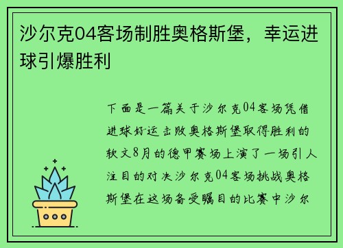 沙尔克04客场制胜奥格斯堡，幸运进球引爆胜利