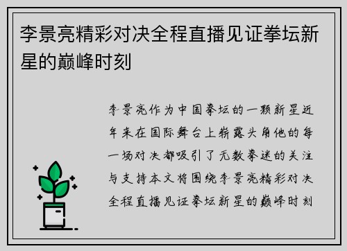 李景亮精彩对决全程直播见证拳坛新星的巅峰时刻
