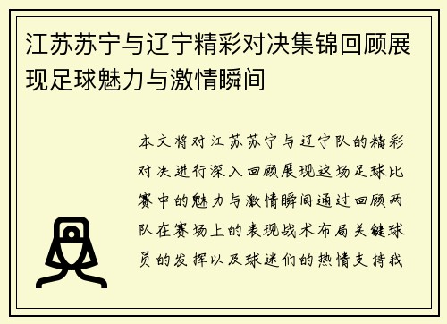 江苏苏宁与辽宁精彩对决集锦回顾展现足球魅力与激情瞬间