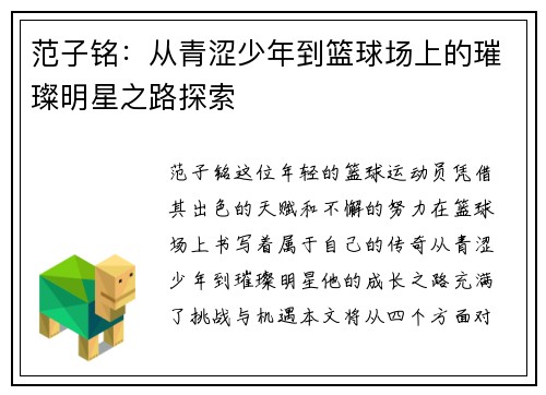 范子铭：从青涩少年到篮球场上的璀璨明星之路探索