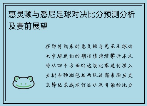 惠灵顿与悉尼足球对决比分预测分析及赛前展望