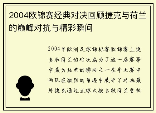 2004欧锦赛经典对决回顾捷克与荷兰的巅峰对抗与精彩瞬间