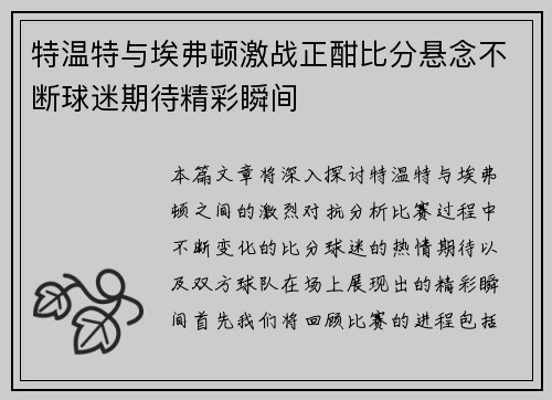 特温特与埃弗顿激战正酣比分悬念不断球迷期待精彩瞬间
