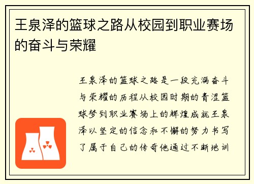 王泉泽的篮球之路从校园到职业赛场的奋斗与荣耀