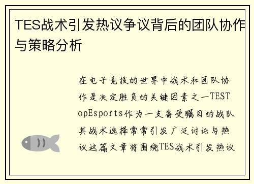 TES战术引发热议争议背后的团队协作与策略分析