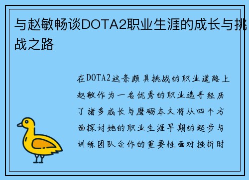 与赵敏畅谈DOTA2职业生涯的成长与挑战之路