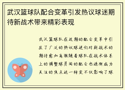 武汉篮球队配合变革引发热议球迷期待新战术带来精彩表现